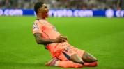 Pemain Barcelona, Marcus Rashford Saat Mencetak Gol ke Gawang Newcastle pada Laga Perdana Liga Champions 2025/2026